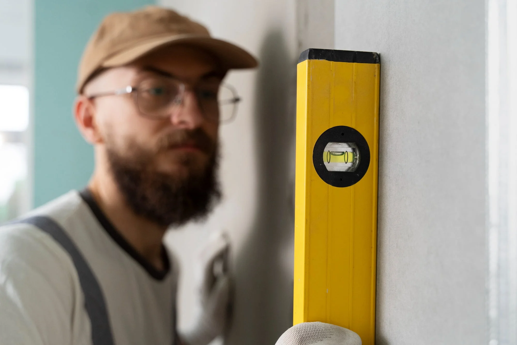 A bearded man holding a yellow spirit level against a wall, ensuring proper insulation alignment