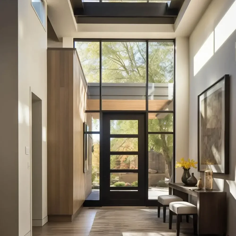 A contemporary home featuring a skylight and Aluminium Doors, showcasing the elegance of natural light and modern design