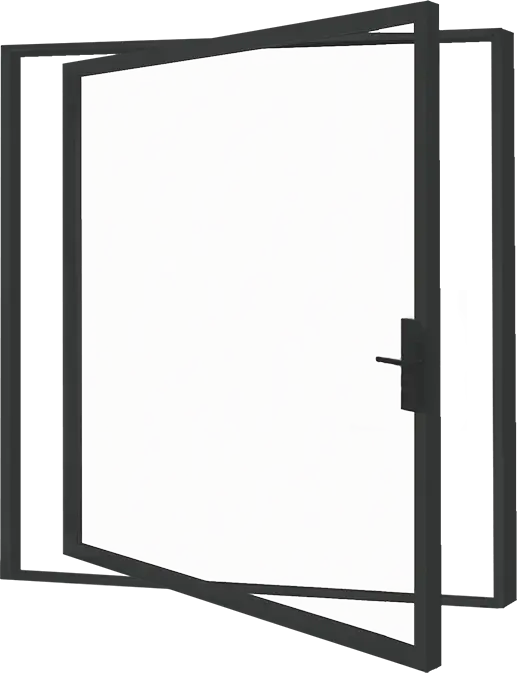 A modern pivot door with a sleek black frame and a large glass panel, shown partially open