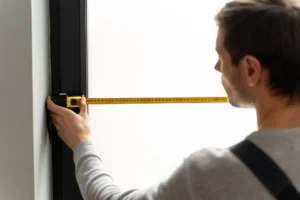 A person measuring the width of a door frame with a yellow tape measure, demonstrating size variations