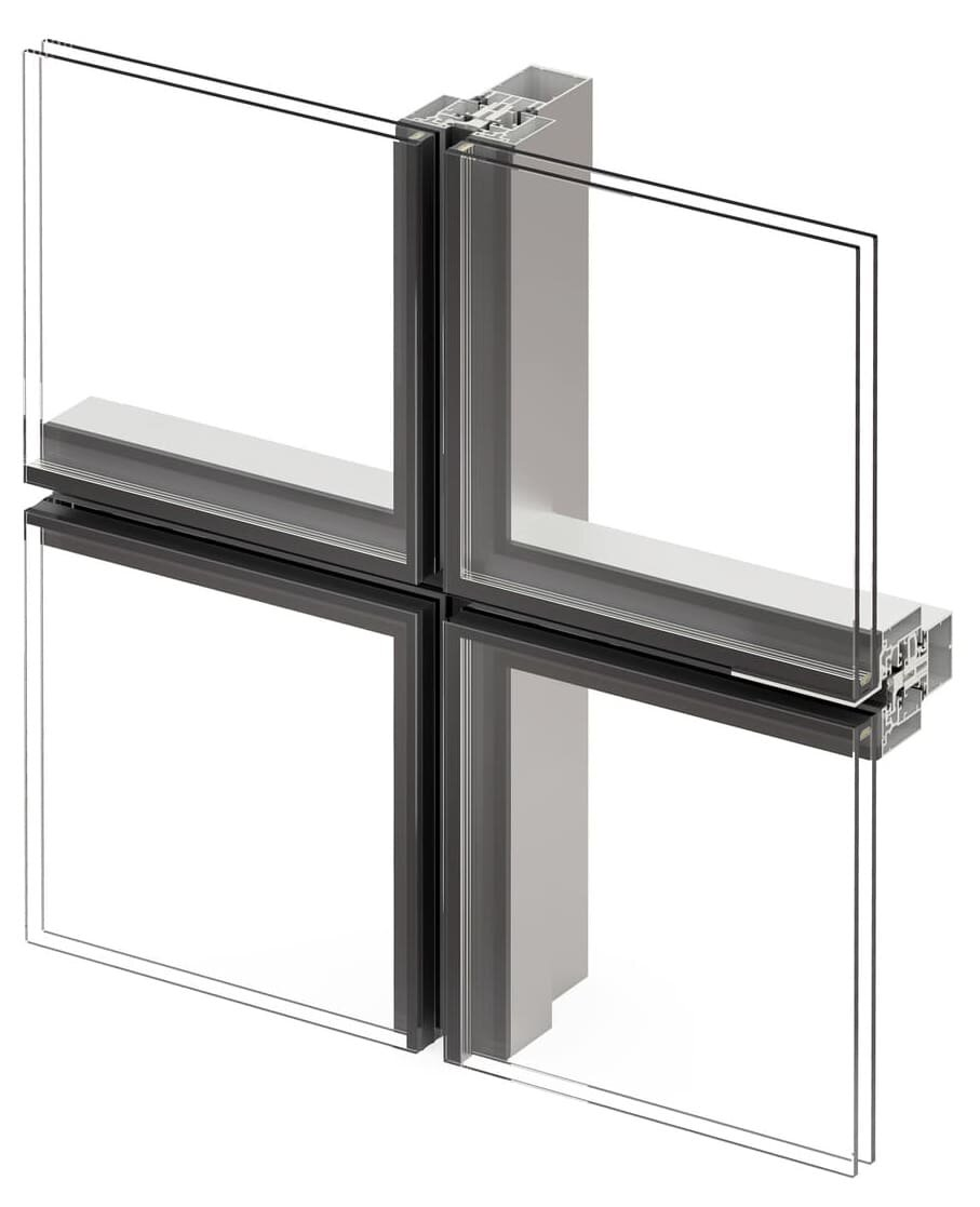 A sleek curtain wall segment featuring aluminum framing and large glass panels, designed for a seamless appearance