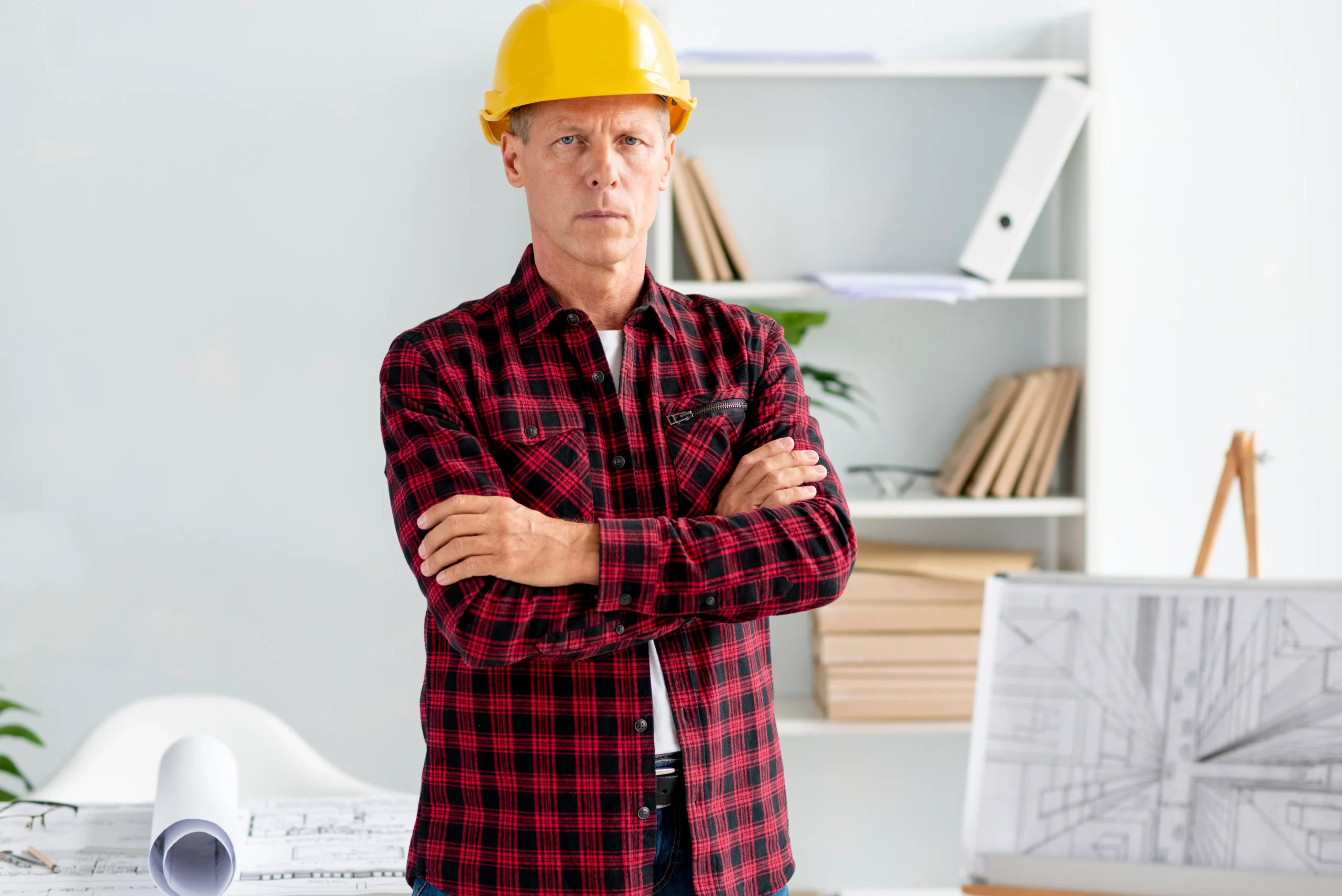 Contractor in a yellow hard hat arms crossed standing indoors