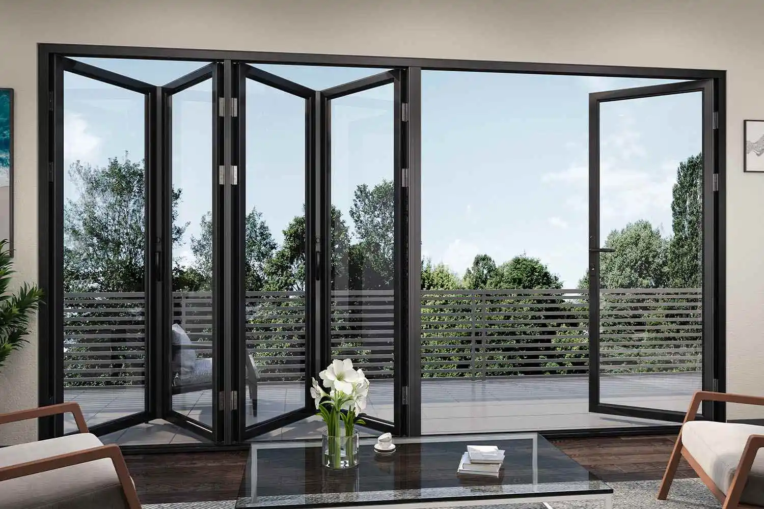 Interior of a living room featuring a sliding glass door and folding door