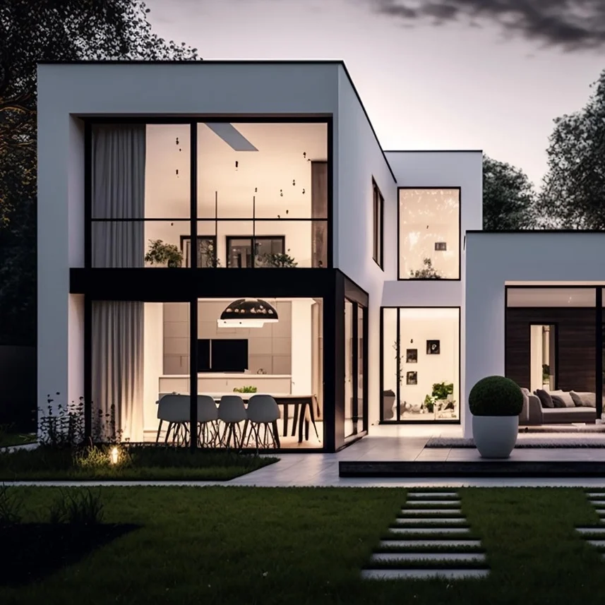 Modern home featuring large aluminium windows and sleek architectural design elements.