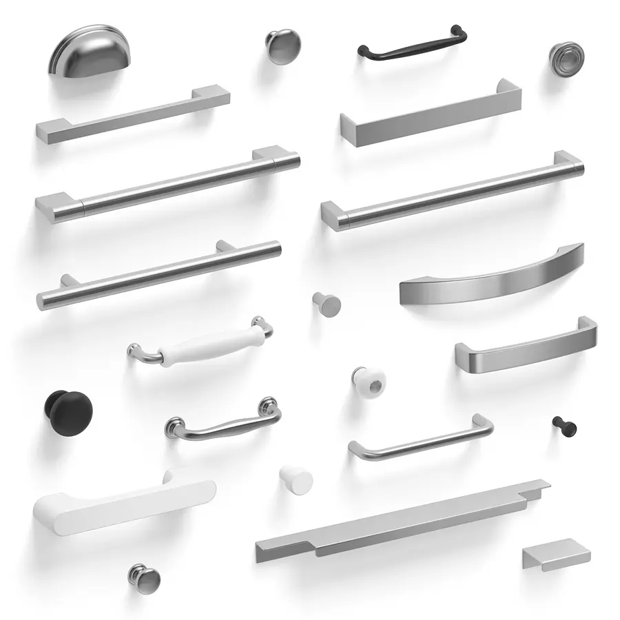 A collection of diverse metal handles and pulls displayed against a clean white background showcasing various designs and finishes