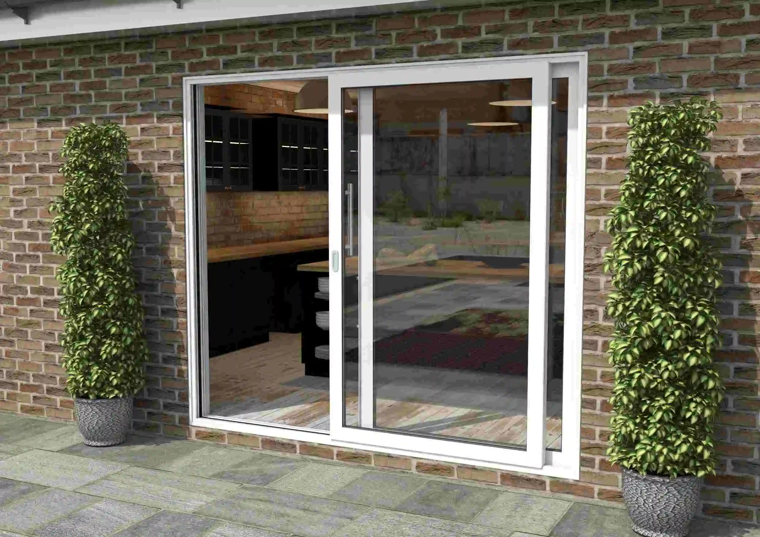 A patio featuring a sliding door surrounded by various potted plants creating a serene outdoor space