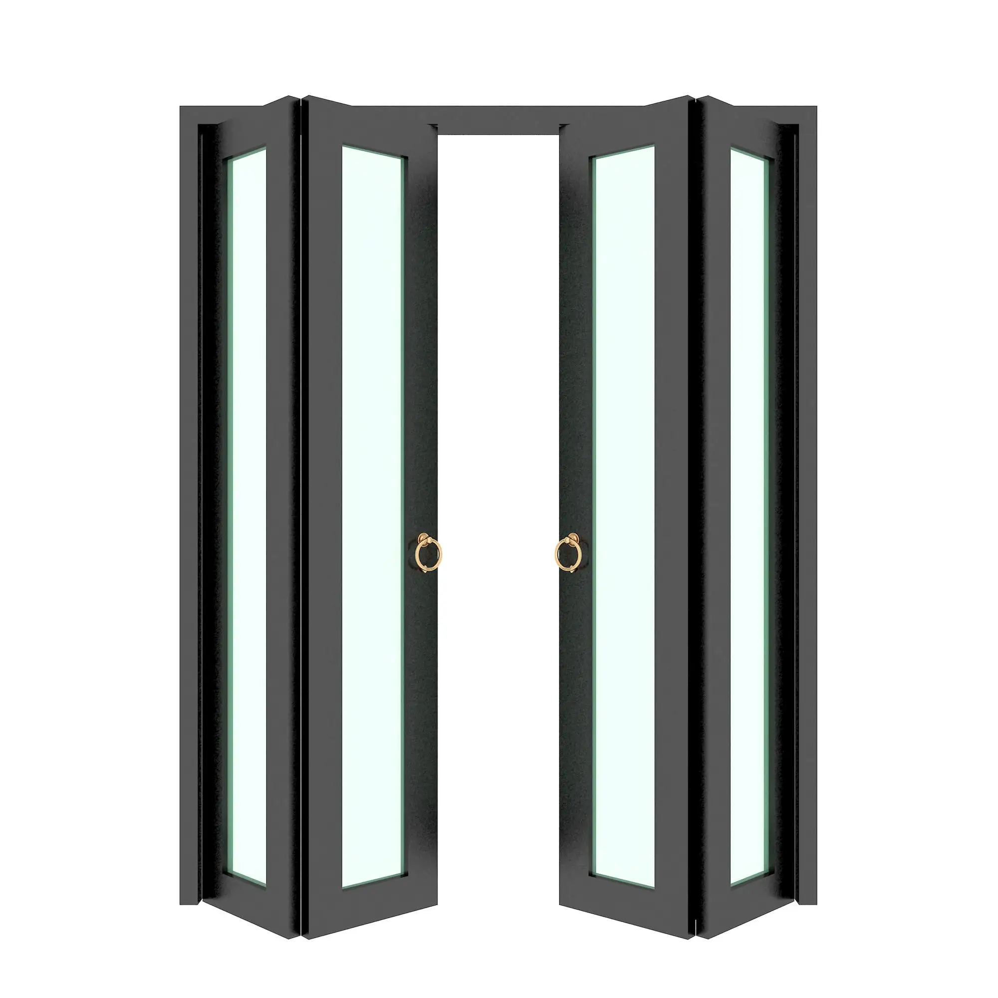 Black bifold door with glass panels partially open isolated view