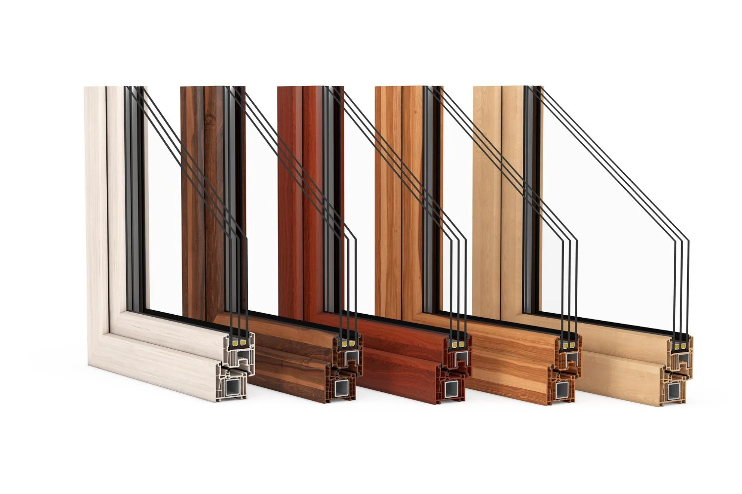 Cross section view of various window frame materials showcasing different wood finishes and glass layers