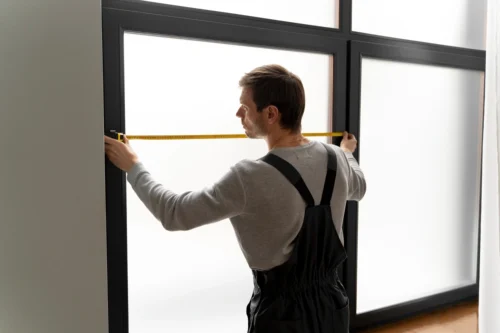 4 A man measures a windows dimensions in preparation for mounting a sliding door ensuring a precise fit