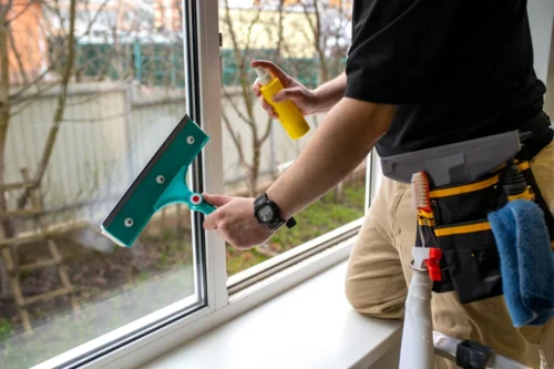 A man meticulously cleans a window with a squeegee showcasing attention to detail in interior finishing work