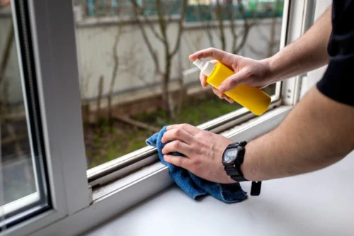 A person meticulously cleaning a window with a yellow rag adding the final touches for a spotless finish