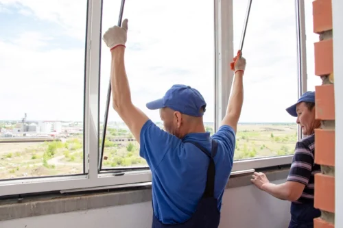 Two men in blue shirts and overalls are diligently working on a window ensuring it is properly placed in the frame