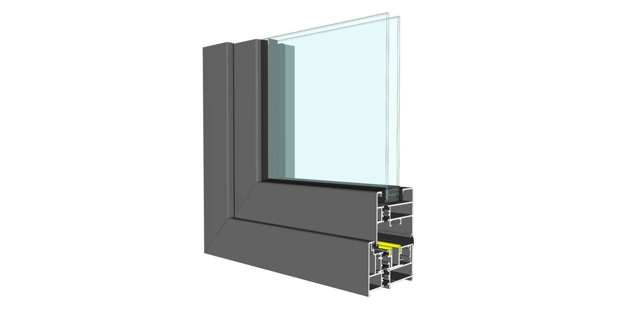 3D rendering of a bifold door corner section showing the frame and double glazed glass panel design from an angled view