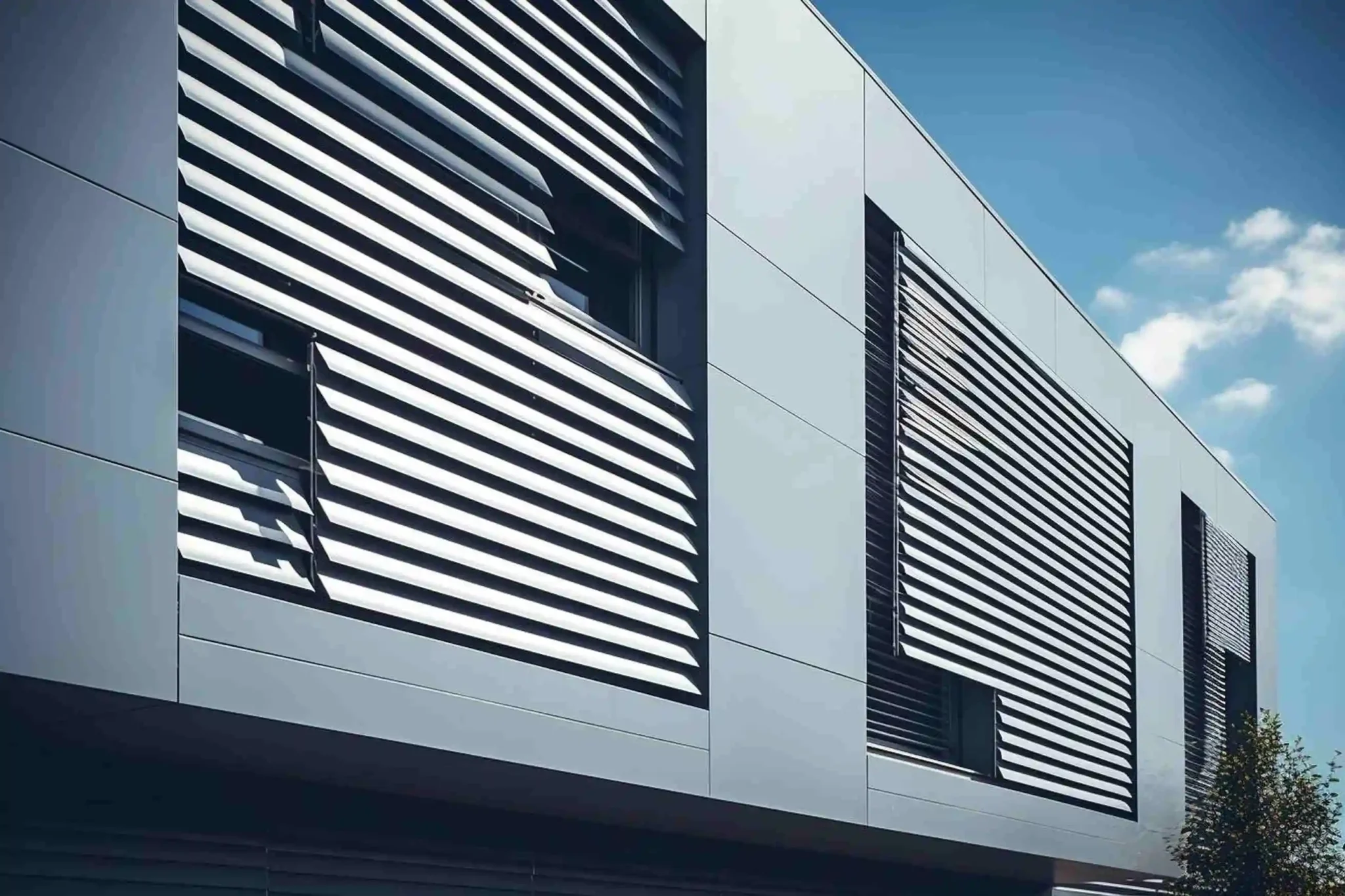 A building featuring a prominent large window and a substantial metal shutter showcasing a facade louver design