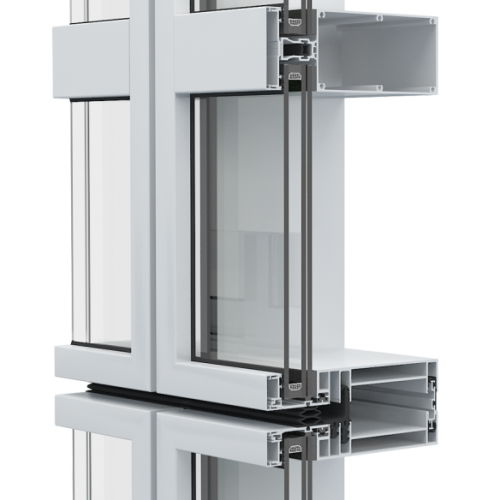 A close up view of a unitized curtain wall system cross section