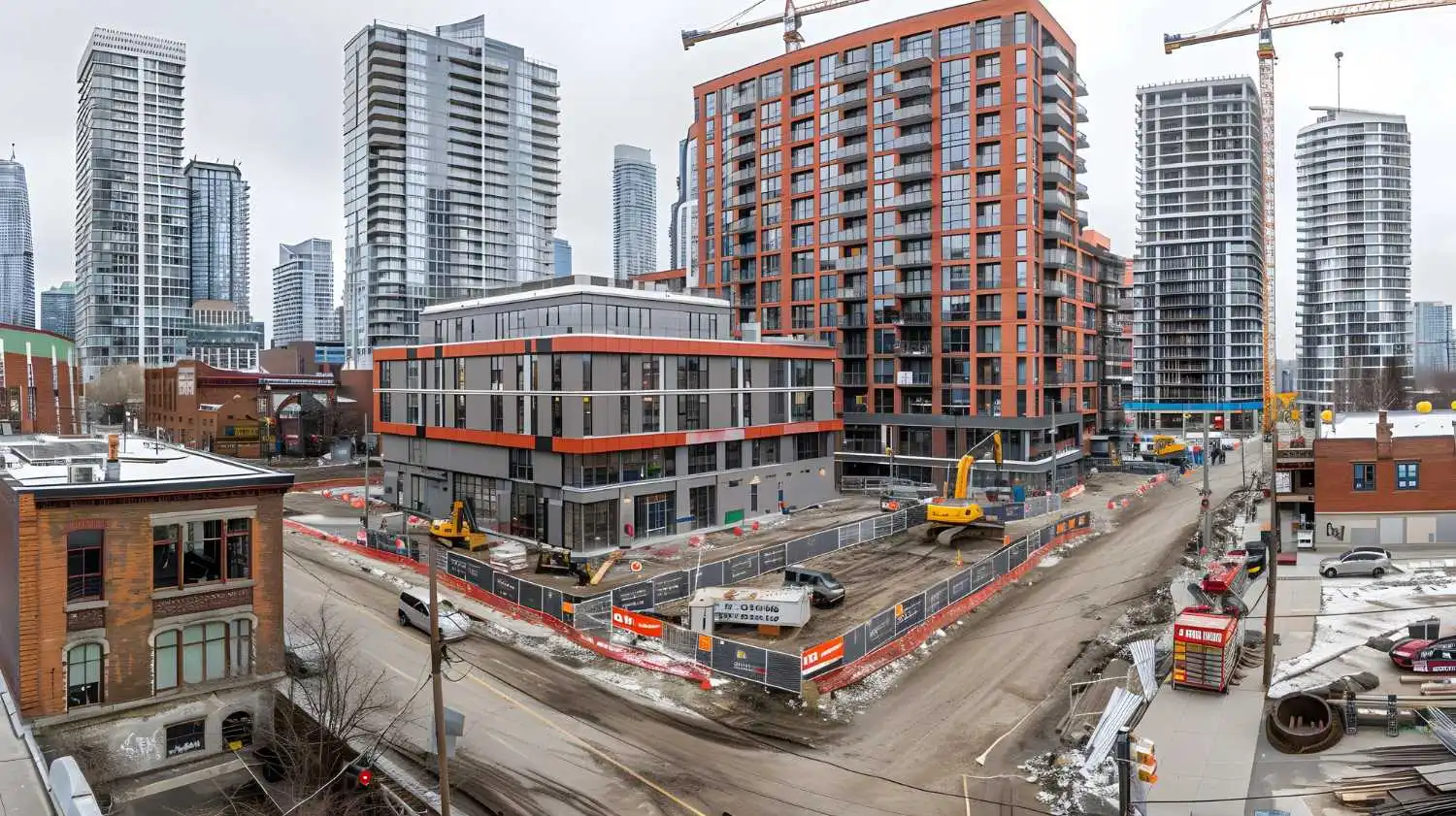 A construction site featuring a building in progress showcasing equipment and materials from Construction Dealers