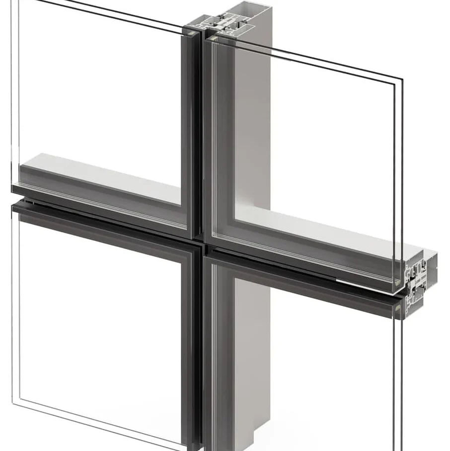 A glass window featuring four distinct sizes designed with a hidden frame curtain wall for a sleek appearance