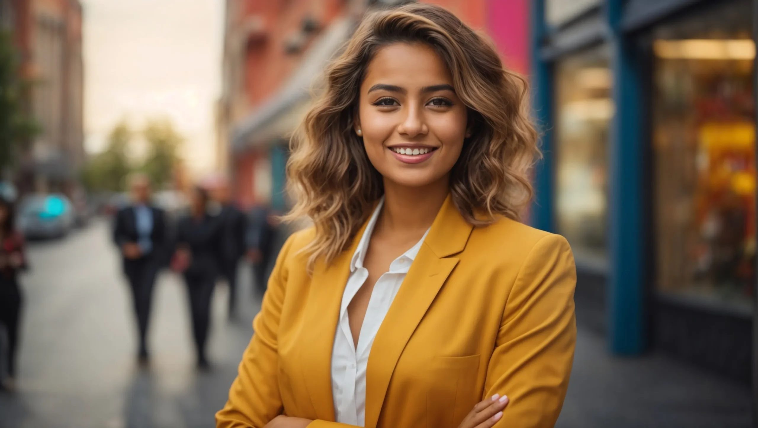 Emily Johnson architect in a yellow blazer smiling on city street