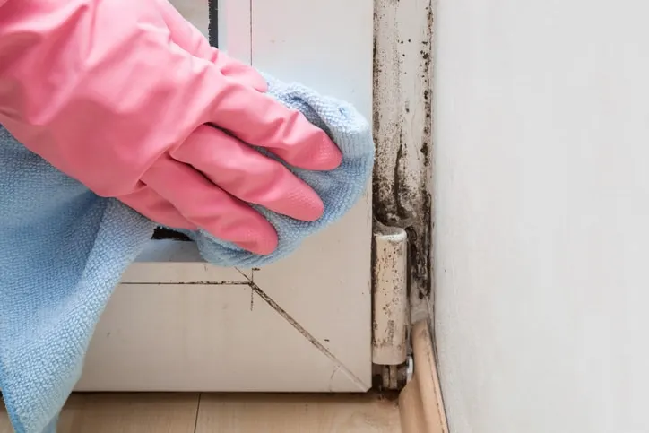 Hand in pink glove cleaning mold from aluminum window frame