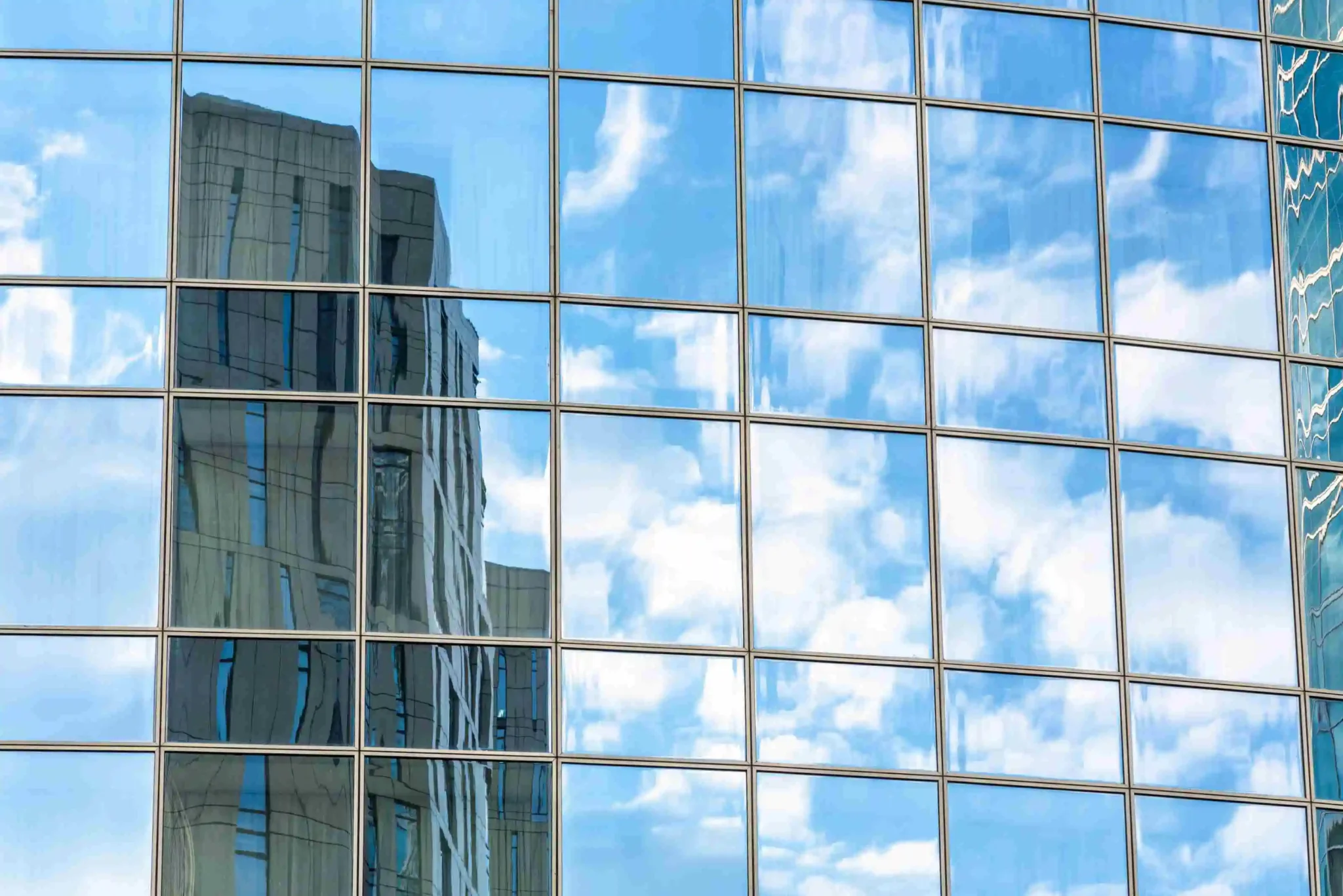 Reflection of buildings in a glass structure showcasing a visible curtain wall design