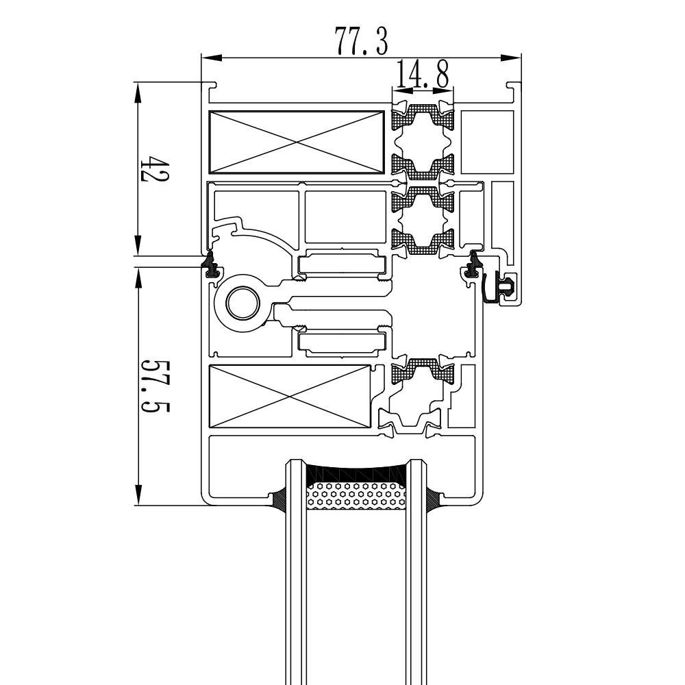 Technical diagram showing the cross section of a bifold door frame with labeled dimensions and structural details