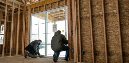 Workers securing aluminum sliding doors in a new construction