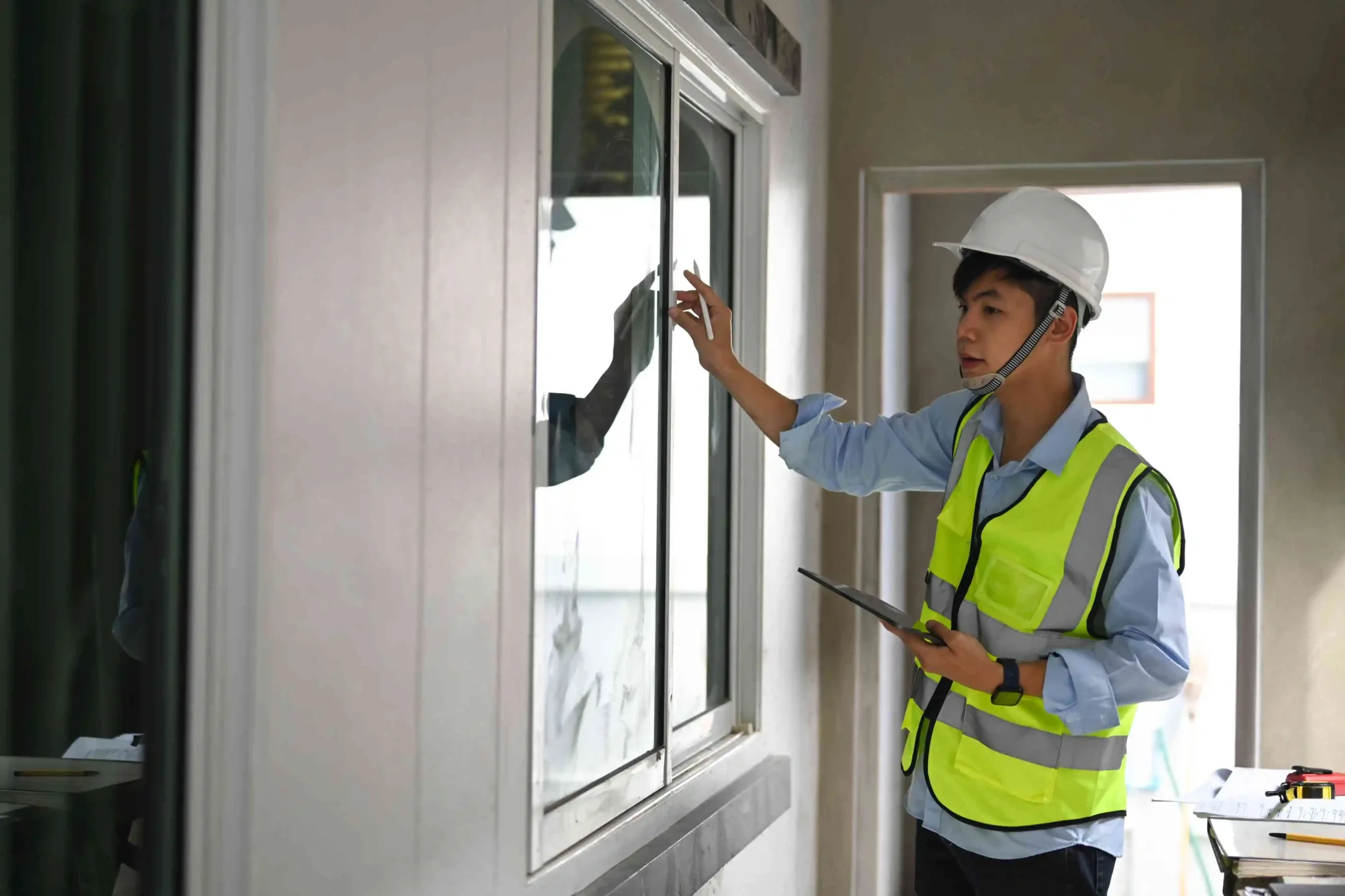 Un especialista en control de calidad verifica el montaje de la ventana.
