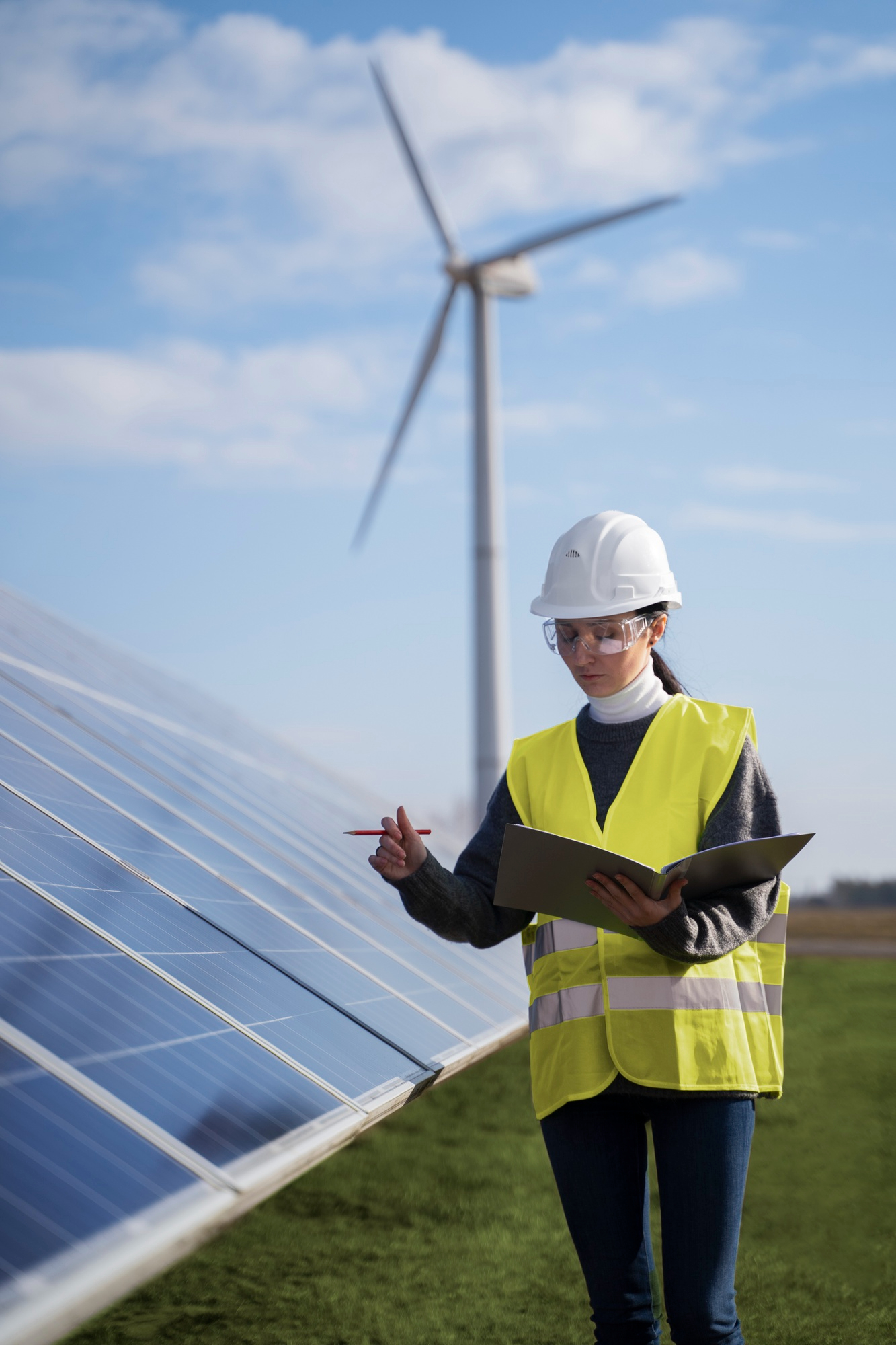 Female engineer inspecting solar panel with wind turbine