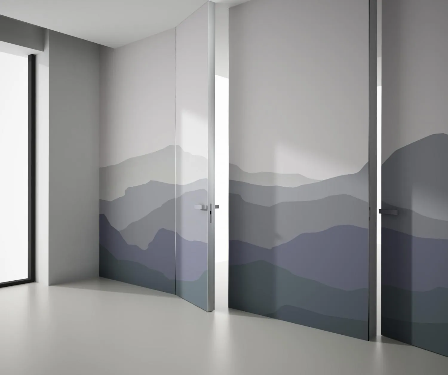 Hidden door camouflaged with artistic mountain mural design