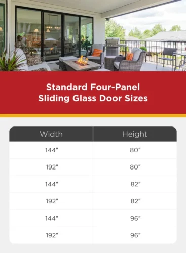 Table displaying width and height specifications for sliding doors