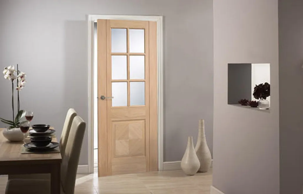 Wooden interior door with frosted glass panels