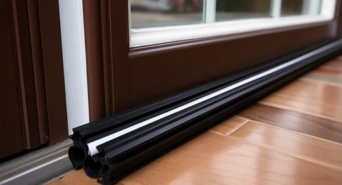 Close up of black weatherstripping installed at the bottom of a sliding door