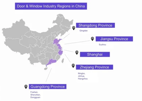 Карта регионов производства дверей и окон в Китае