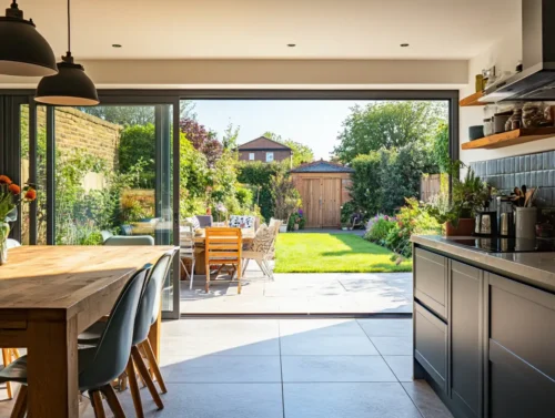 Cuisine spacieuse avec portes coulissantes donnant sur un jardin luxuriant