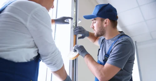 Two workers installing weatherstripping on a door