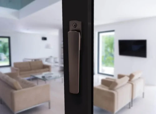 Close up of bifold door handle in a modern living room