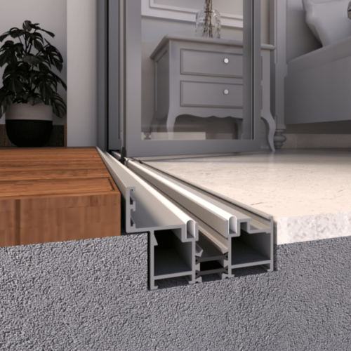 Cross section of ultra low aluminum bifold door threshold setup