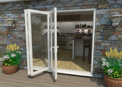 White aluminum bifold doors leading to a rustic outdoor kitchen