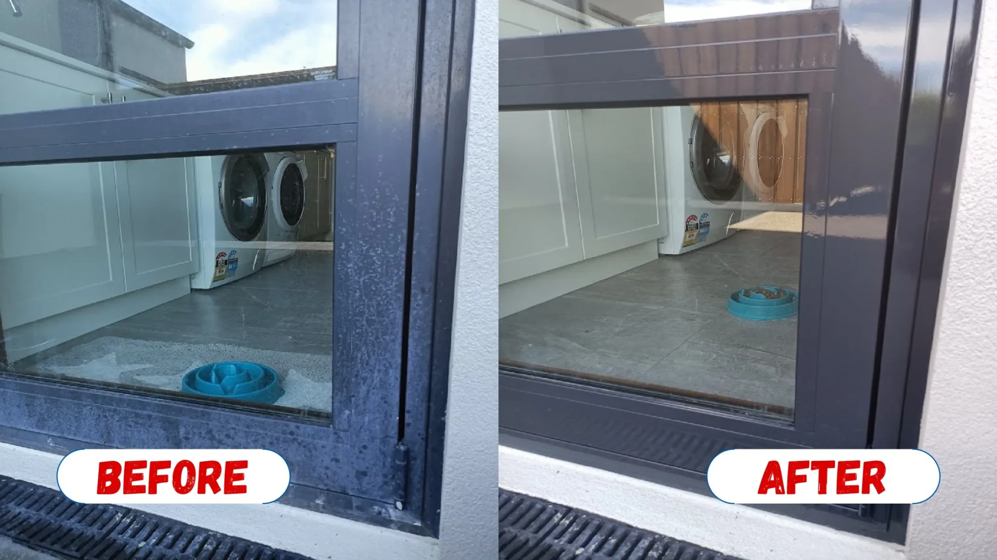 Before and after showing a cleaned window frame