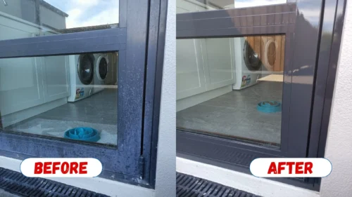 Before and after showing a cleaned window frame