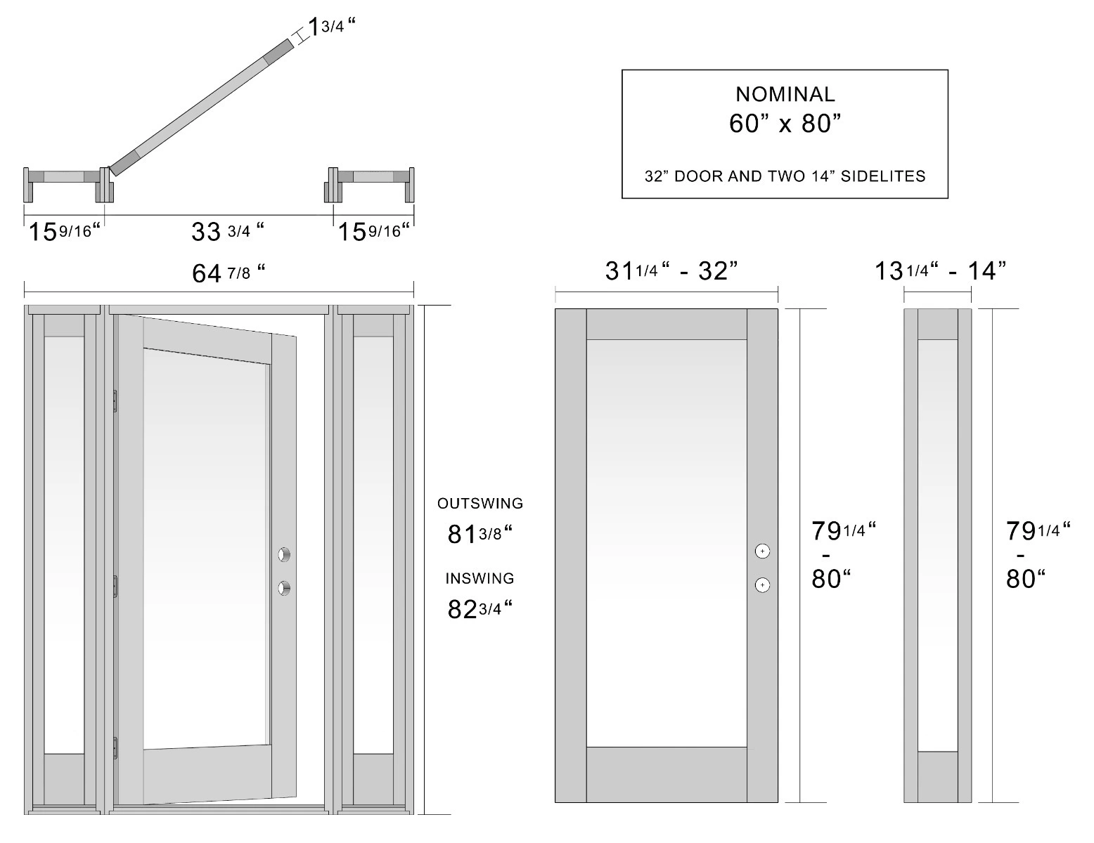 Diagrama de uma porta com janelas laterais mostrando várias medidas