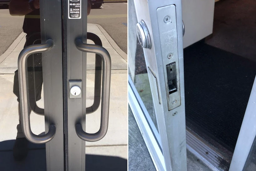 Image of steel and aluminum door handle with a lock and key