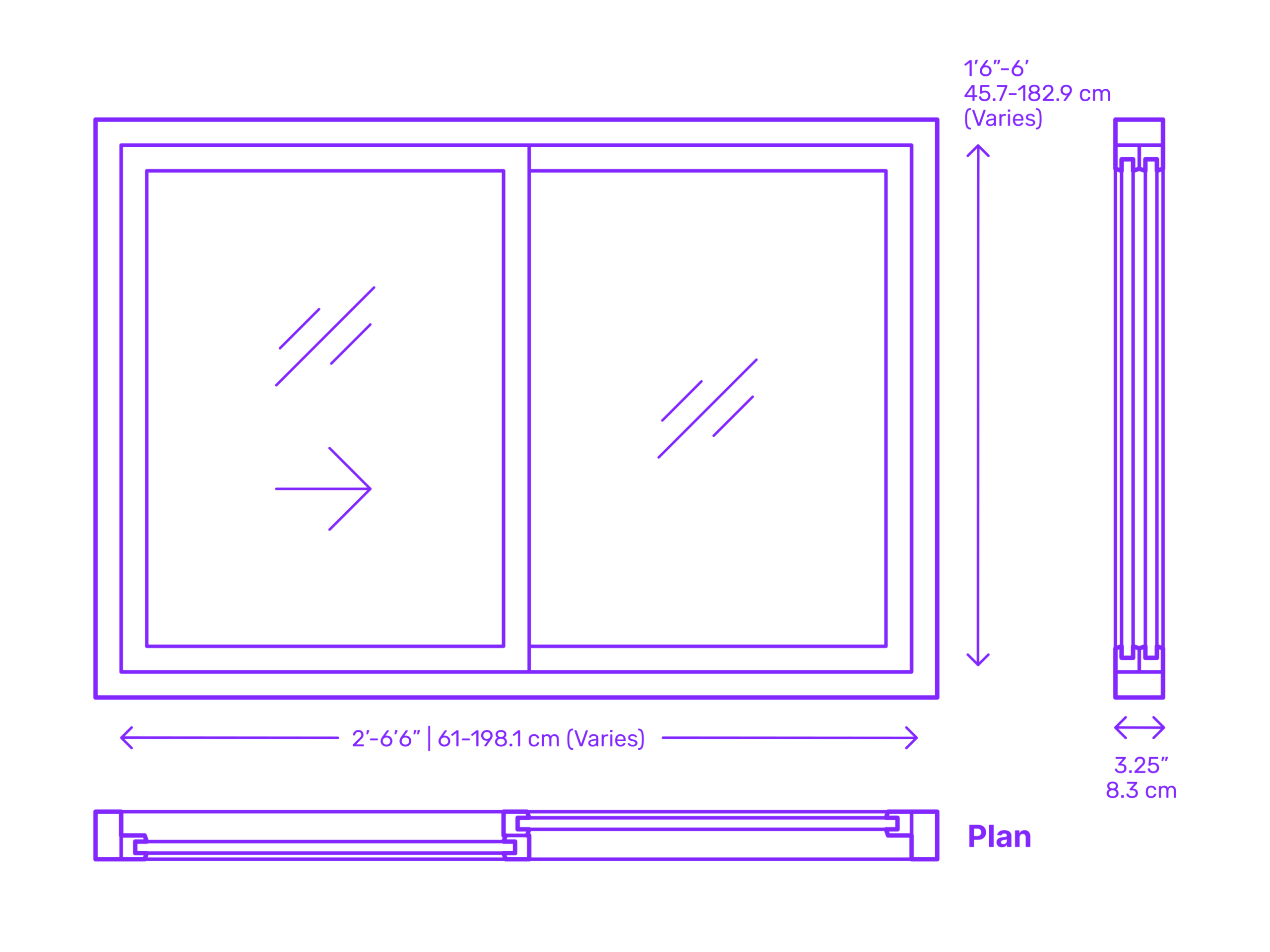 A blueprint of a sliding window with dimensions and details