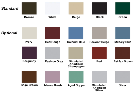 A chart of standard and optional color choices for windows