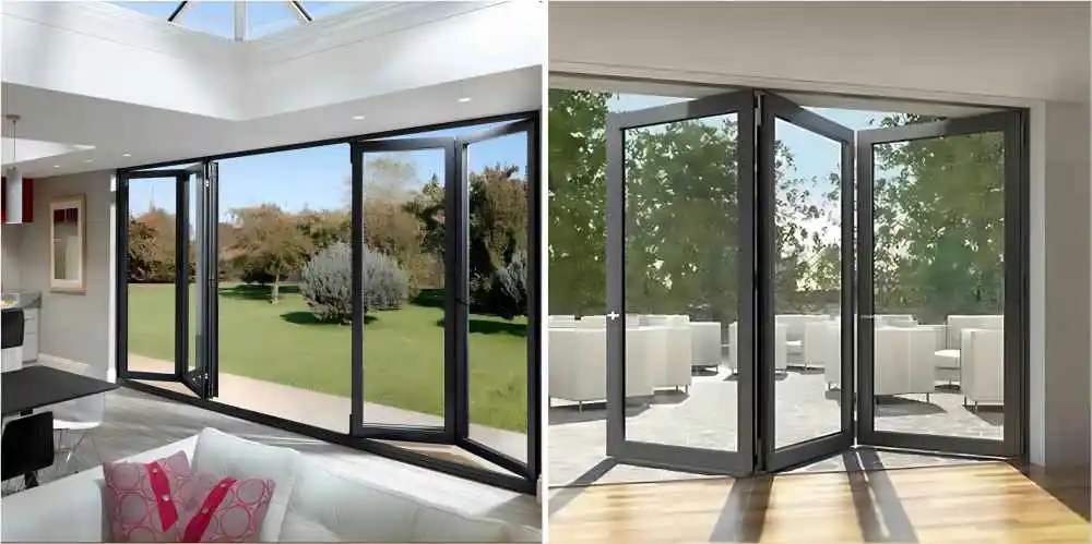 A set of sleek aluminium bifold patio doors fully opened