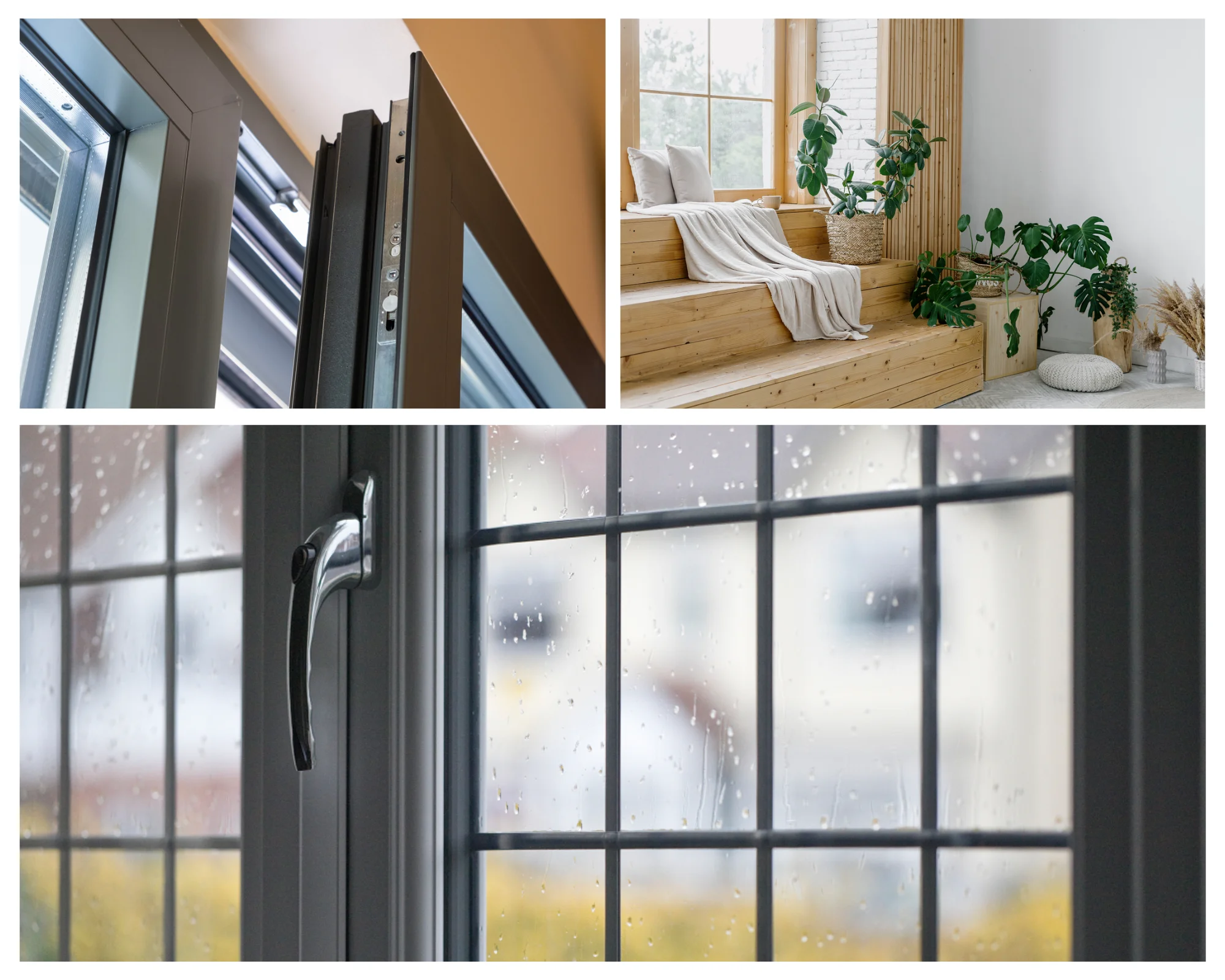 Collage of modern window designs including aluminum frames