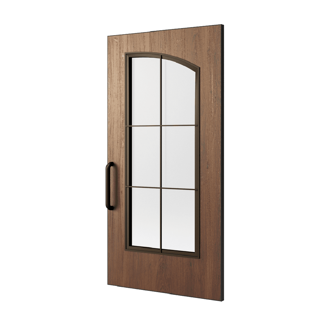 Wooden door with arched glass panel and black metal handle