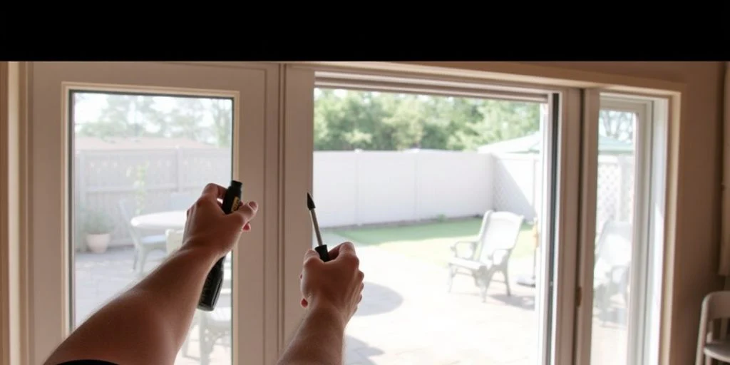 Person preparing to cover sliding door opening with tools in hand