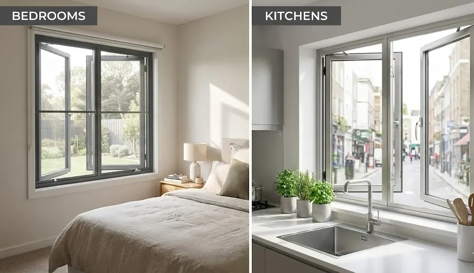 Aluminum casement windows for the bedrooms on the left and the kitchens on the right Aluminum casement windows for the bedrooms on the left and the kitchens on the right