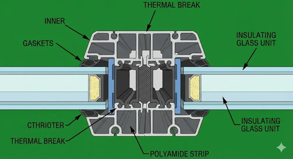 Image of thermally broken aluminum window profile cross section
